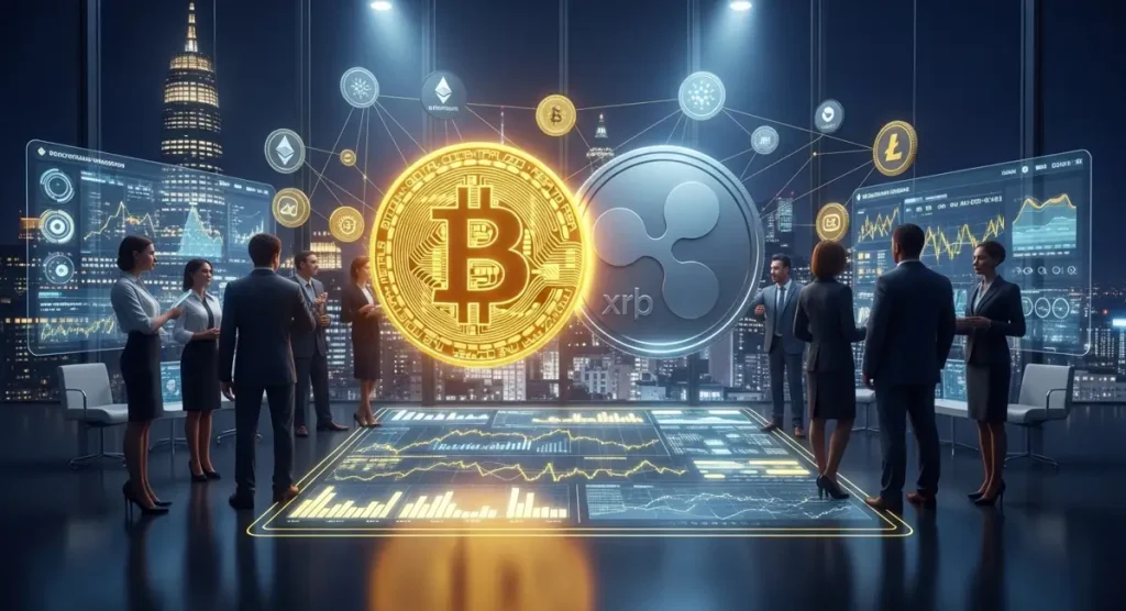 People in business attire discussing cryptocurrency charts in a modern high-rise office at night