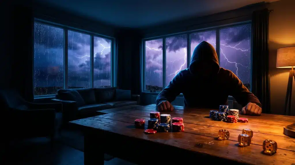 Hooded figure playing poker on wooden table during a stormy night indoors