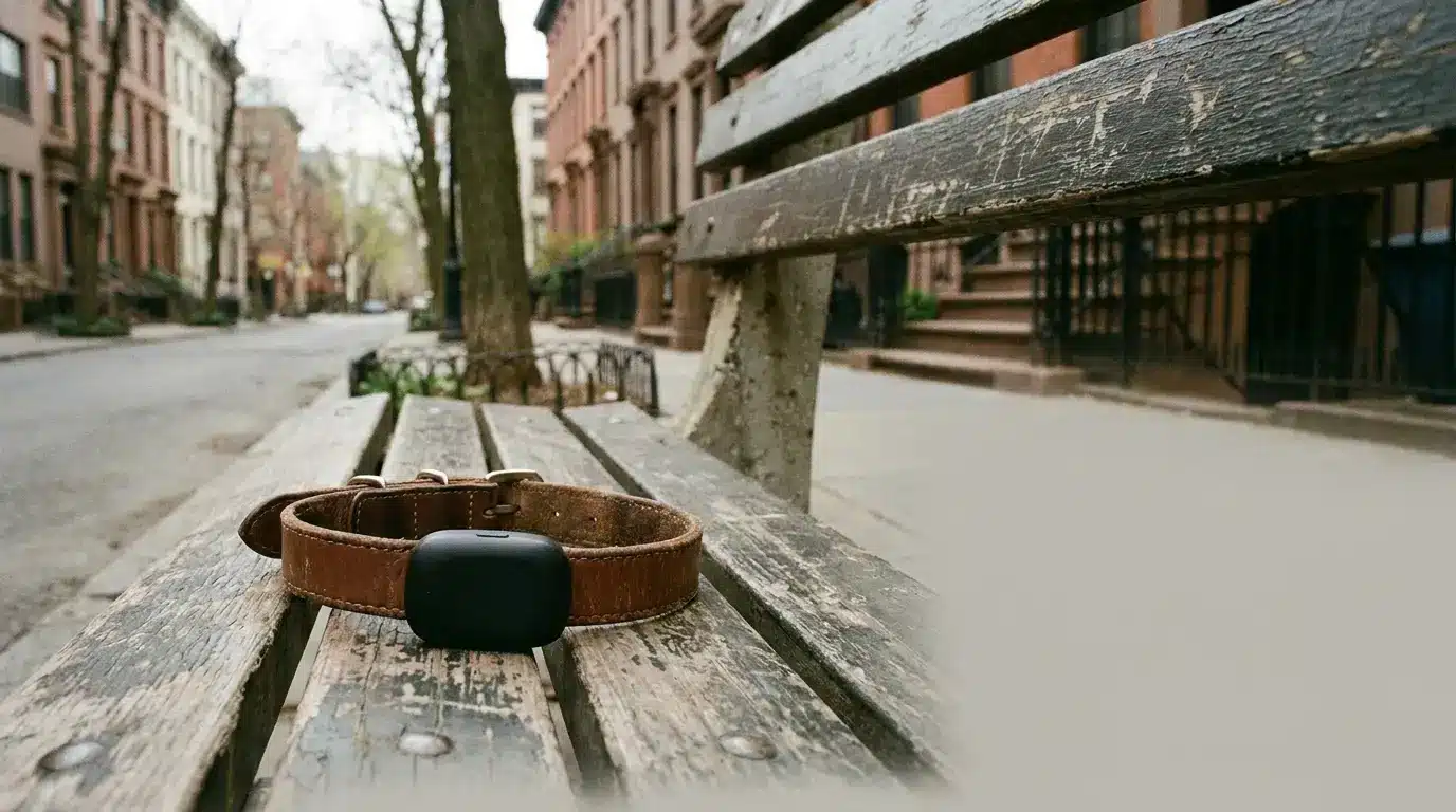 Brown dog collar with black device resting on a wooden bench in urban street setting