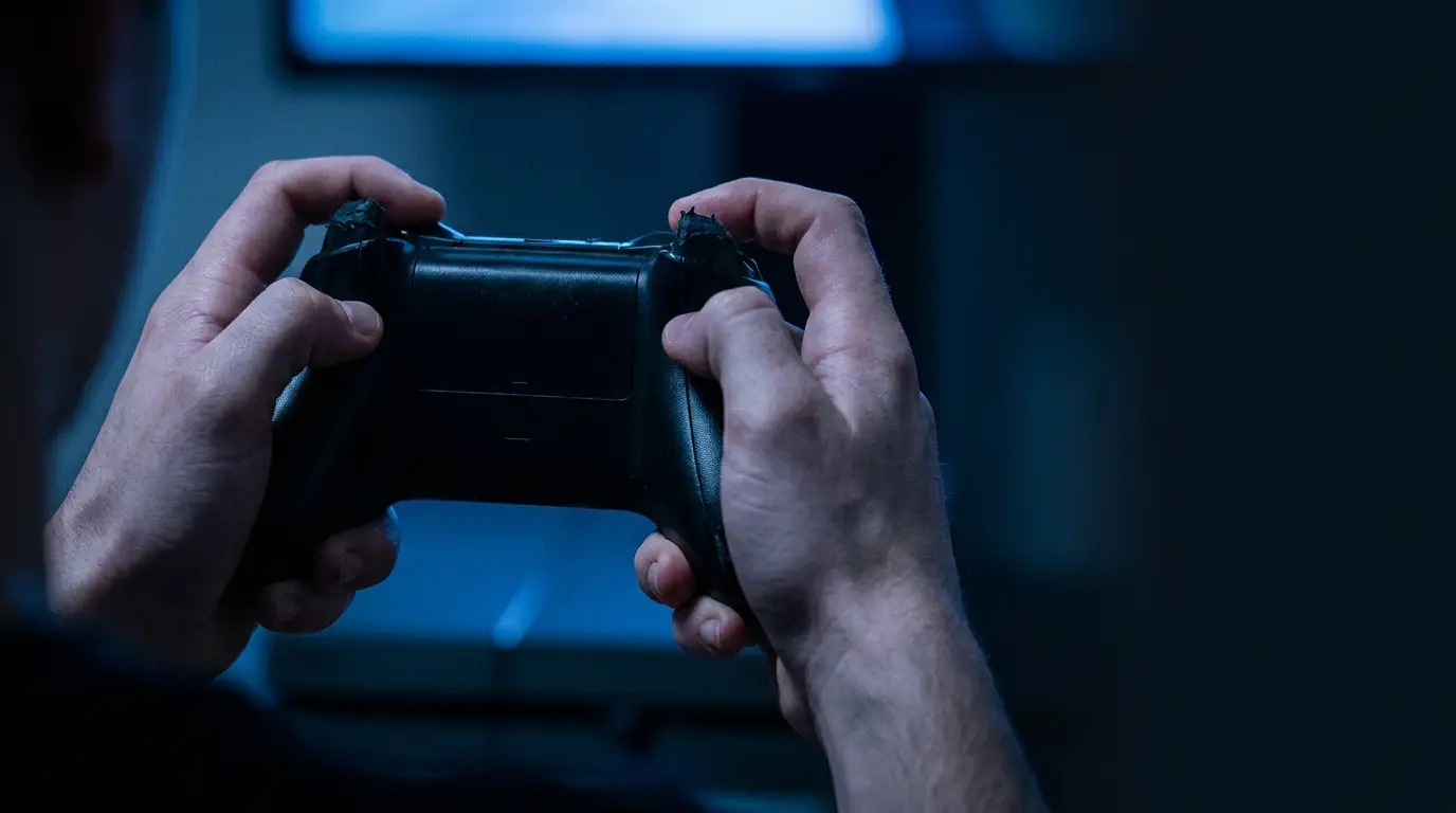 Hands gripping a black game controller in a dimly lit room