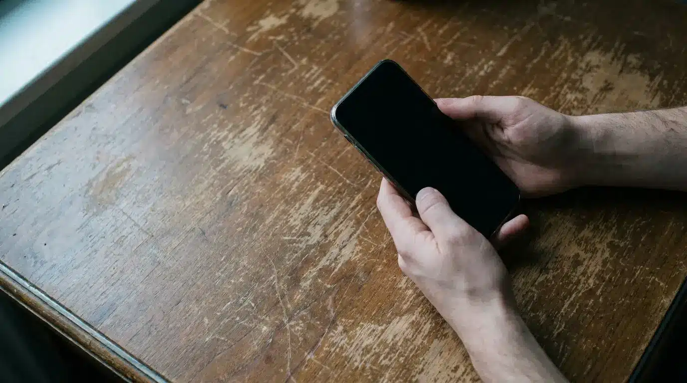 Hands holding smartphone over rustic wooden table in natural light