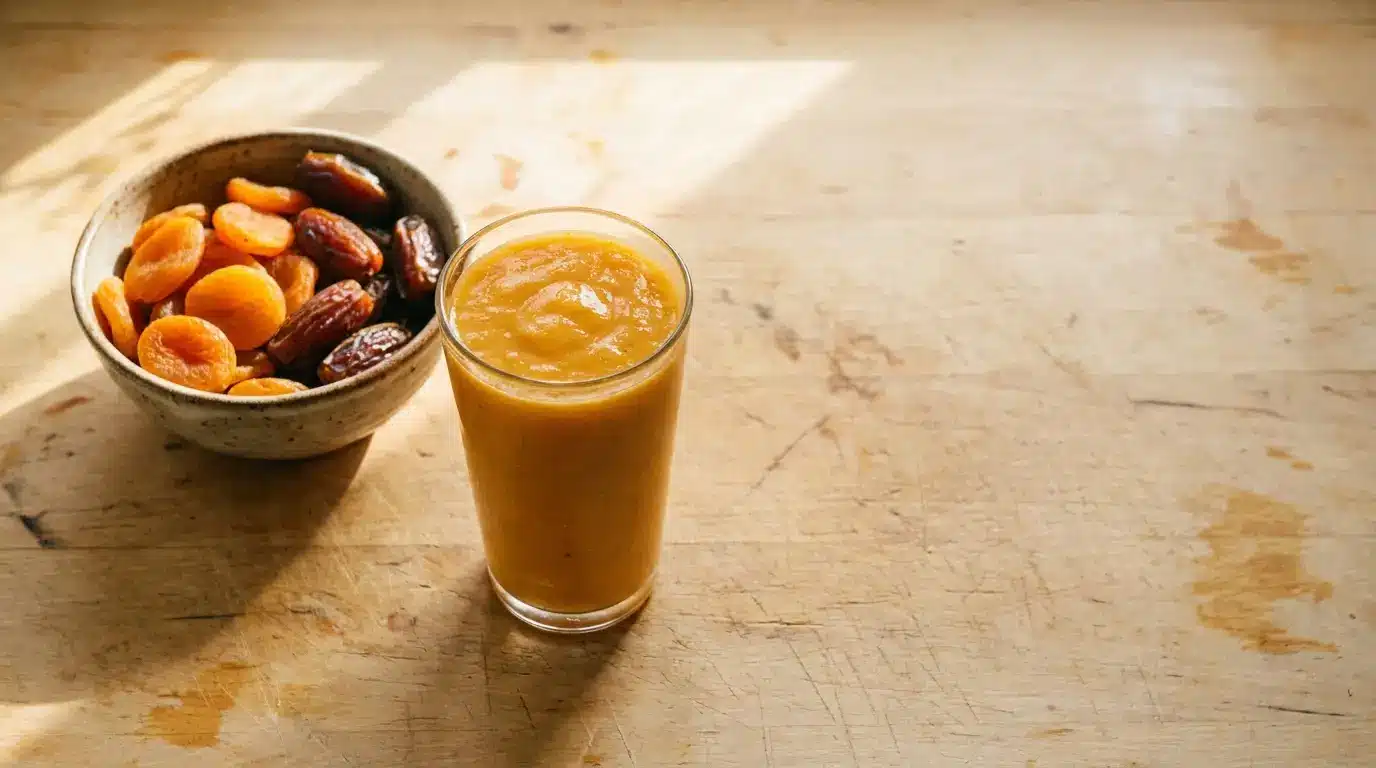 Apricot and date smoothie in glass beside bowl of dried fruits on wooden table