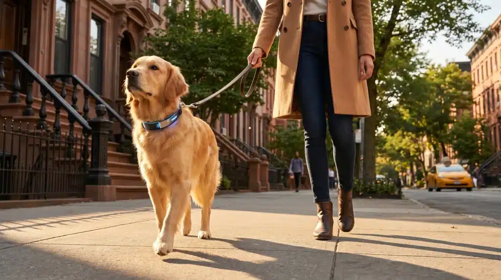 Golden retriever on a leash walking with person in urban neighborhood sidewalk during daytime