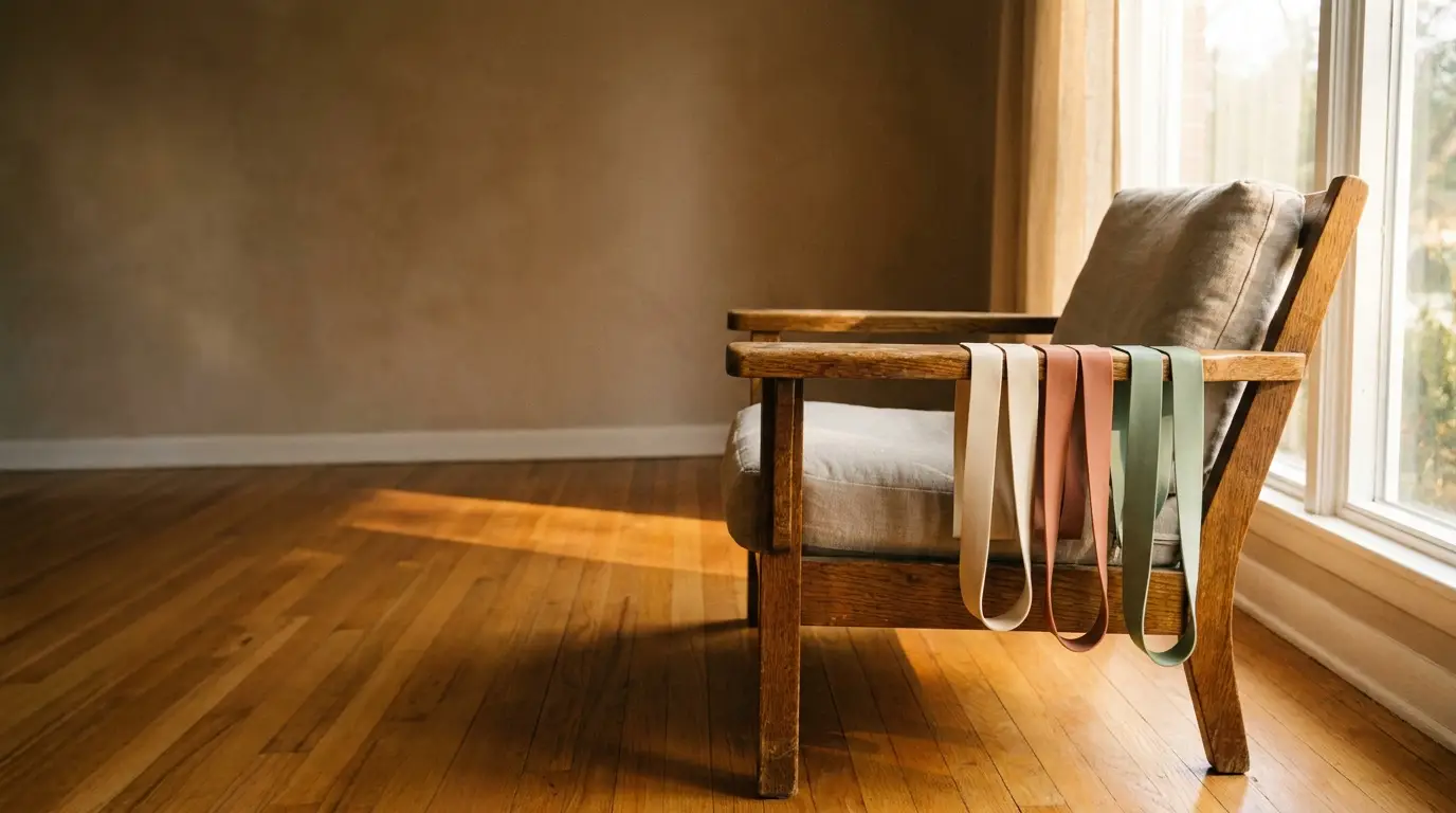 Wooden armchair with pastel ribbons draped over in sunlit room with wooden floor