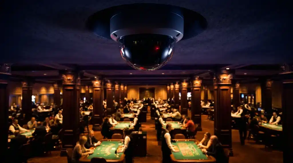Security camera overlooking busy casino floor with multiple gaming tables and players