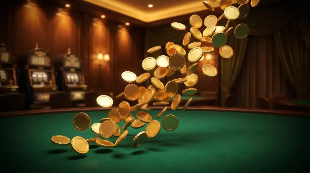 Gold coins cascading onto casino table with slot machines in background, dimly lit ambiance