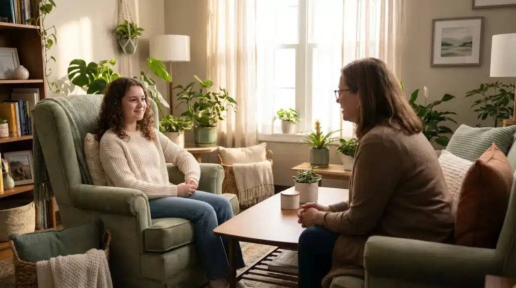 Two women sitting in cozy living room with green plants and natural light