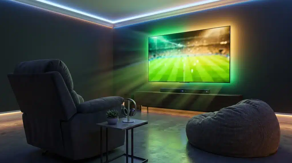Large flat-screen TV displaying soccer match in dimly lit modern living room with recliner and bean bag