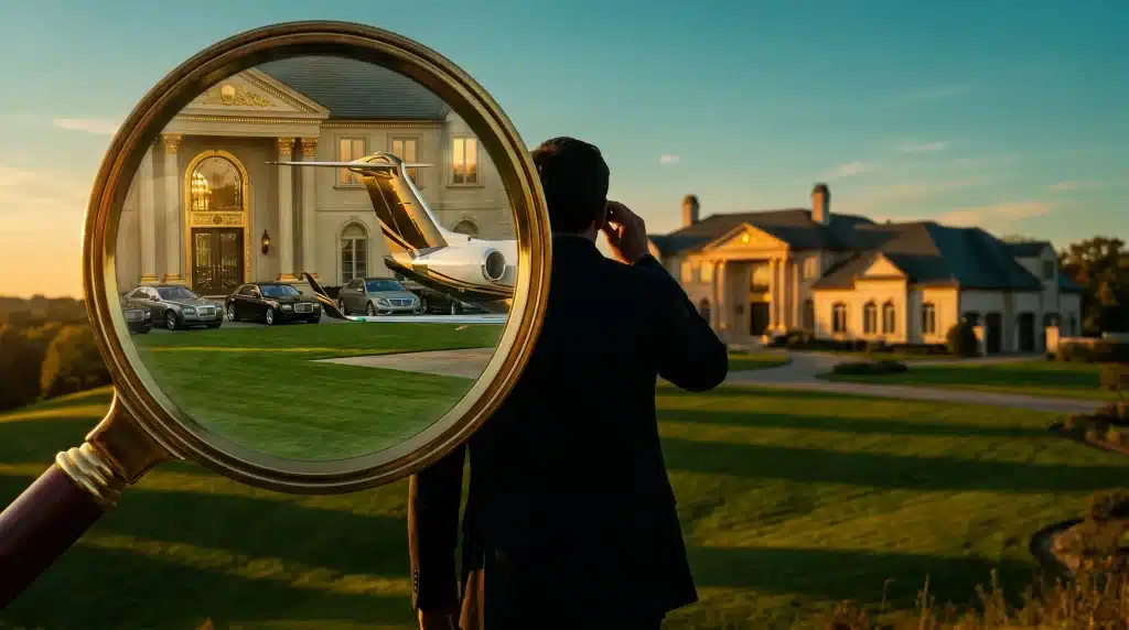 Man in suit viewing luxury mansion and parked private jet through magnifying glass