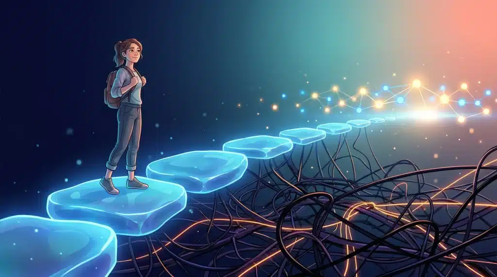 Young woman with backpack standing on glowing stepping stones in digital network scene