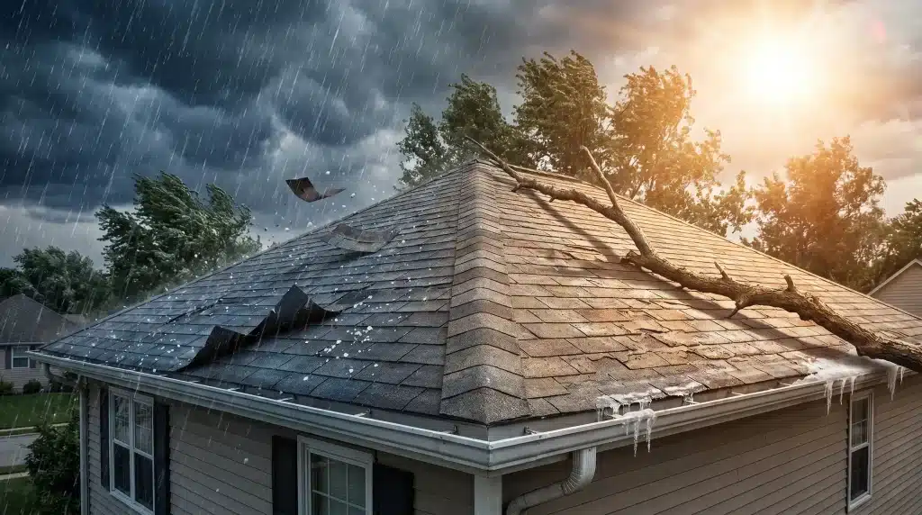 Shingles torn from roof during storm with fallen branch and rain on cloudy day