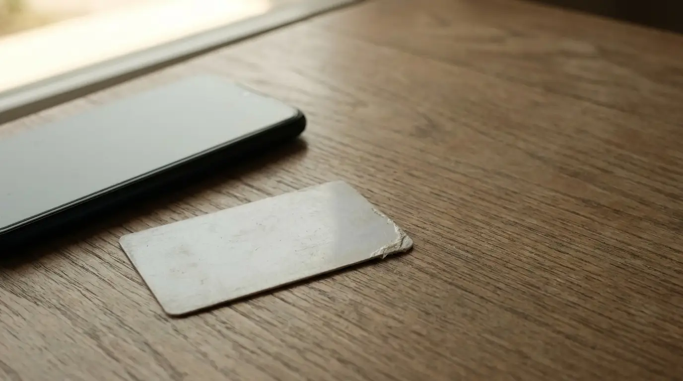 Smartphone and worn metal card on wooden table surface in natural light
