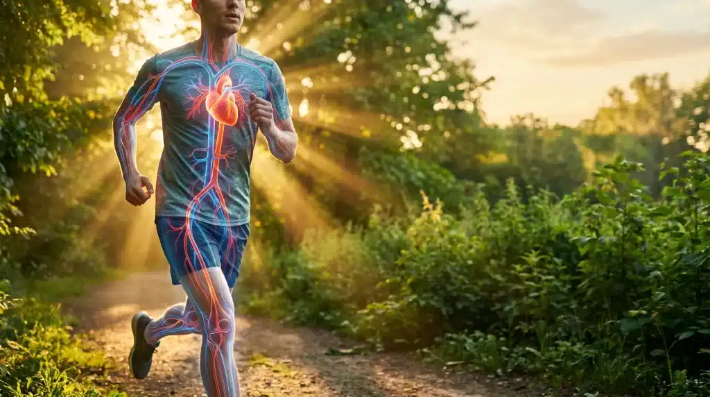 Runner with anatomical overlay of cardiovascular system in a sunny forest setting