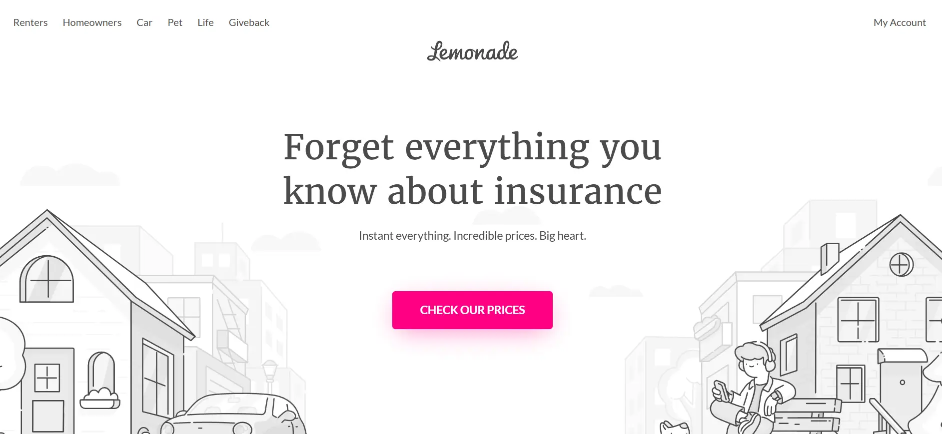 Cartoon houses and cityscape illustration with bold pink call-to-action button