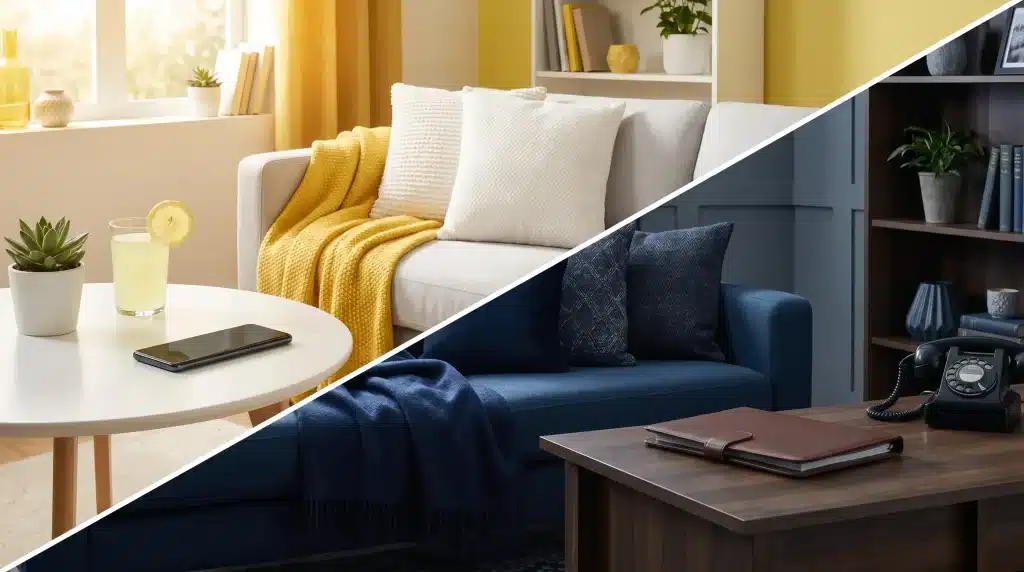 Split image showing modern living rooms with yellow and blue decor themes, featuring sofas and coffee tables