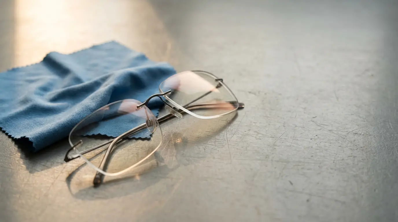 Eyeglasses resting beside a blue microfiber cloth on a reflective surface in soft lighting