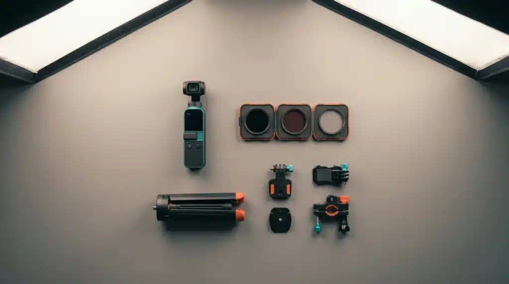 Compact gimbal camera with accessories neatly arranged on a gray tabletop in soft lighting