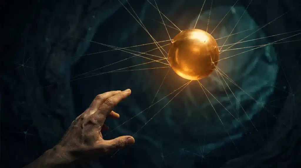 Hand reaching towards glowing golden sphere in dark, abstract setting with web-like lines