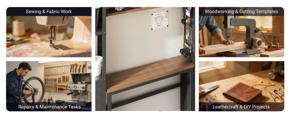 Collage of various crafting and repair activities including sewing, woodworking, cycling repair, and leathercrafting