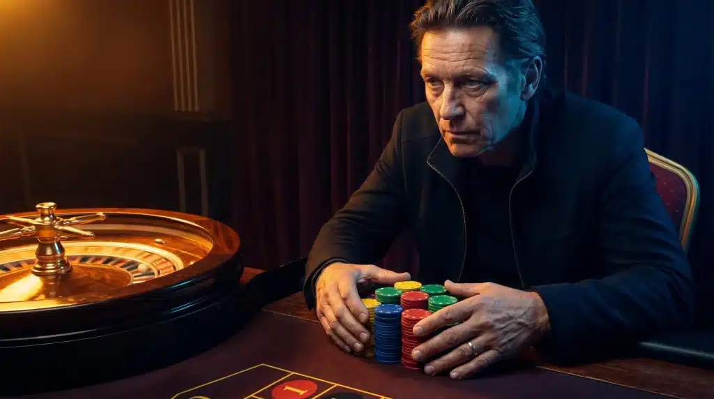 Man holding colorful poker chips beside roulette table in dimly lit casino setting
