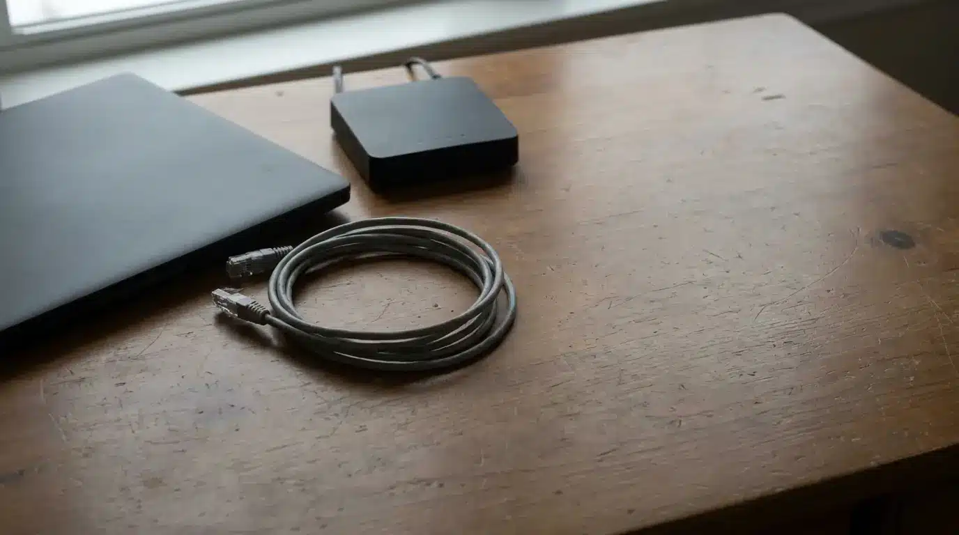Laptop, network hub, and coiled Ethernet cable on wooden desk near window