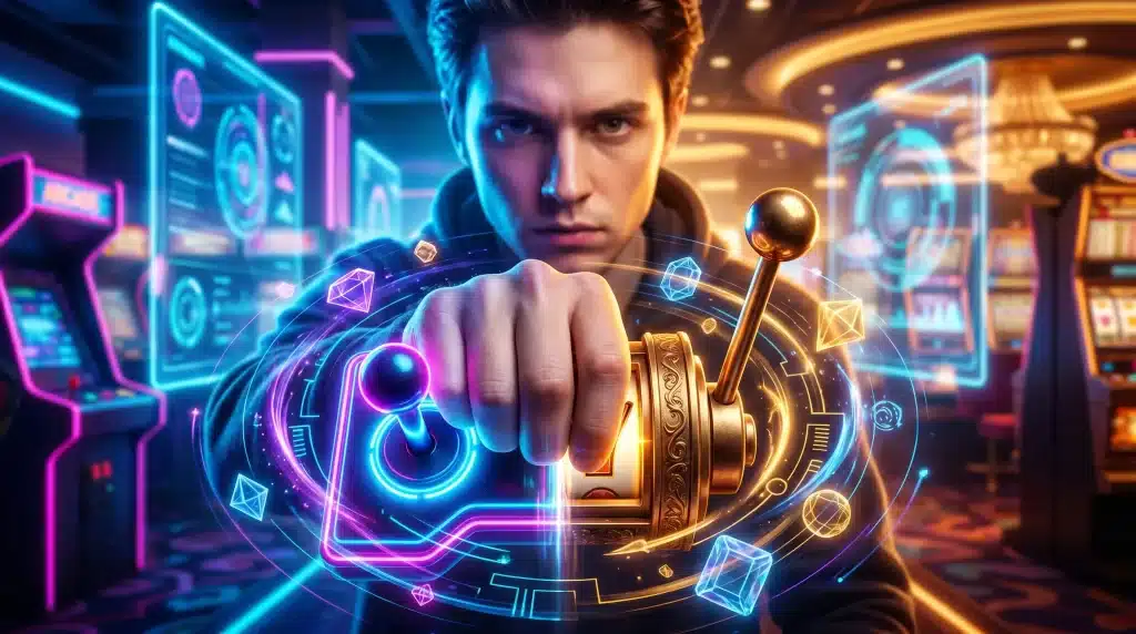 Man playing on slot machine with glowing holographic interface in an arcade with neon lights