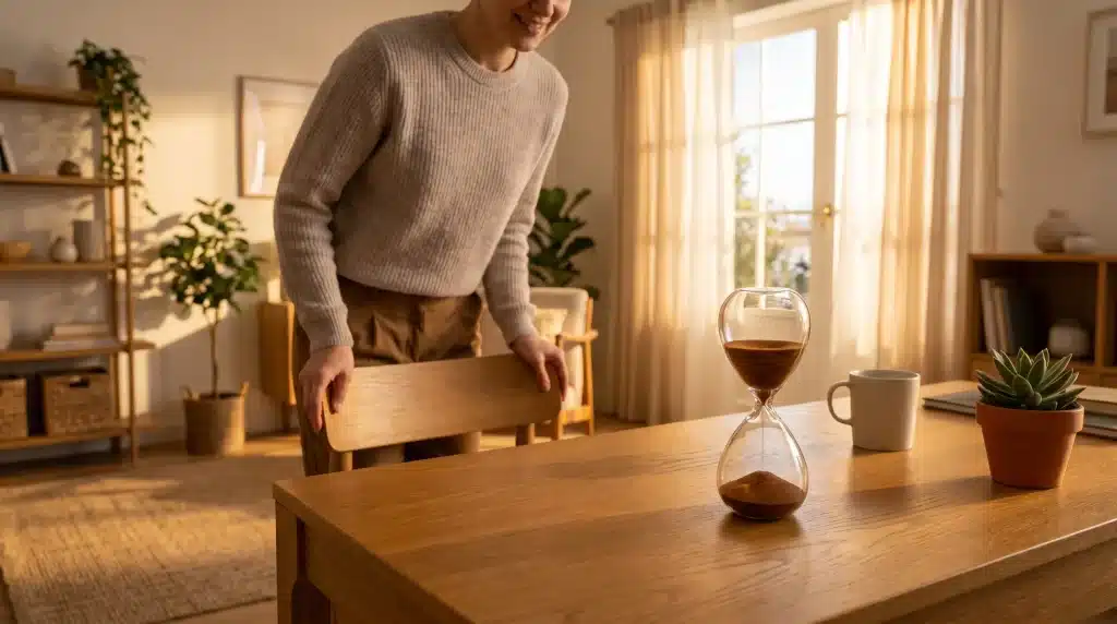 Man placing chair at wooden table with hourglass and mug in sunlit living room