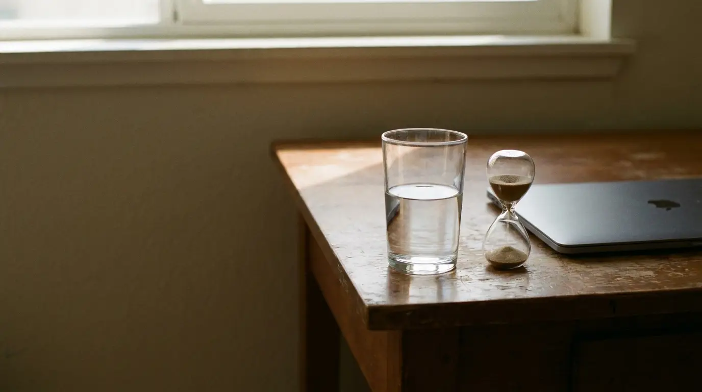 Glass of water and hourglass on wooden desk in sunlit room with laptop nearby
