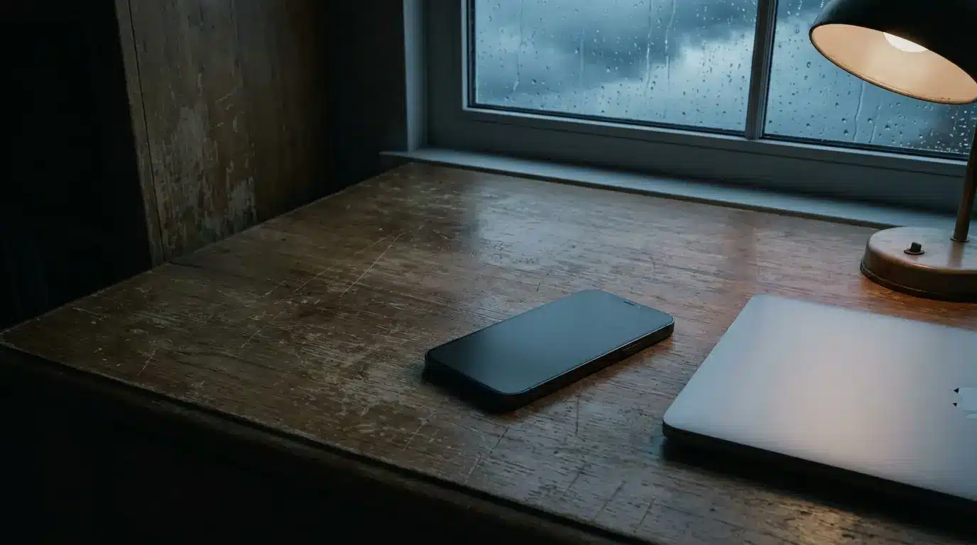Smartphone and laptop on wooden desk beside window with raindrops and table lamp