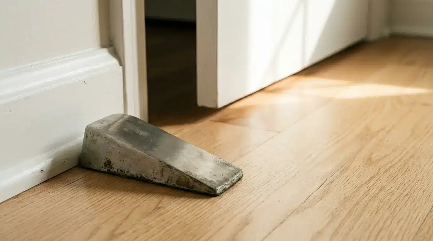 Metal doorstop holding open white door on light wood floor in sunlit room
