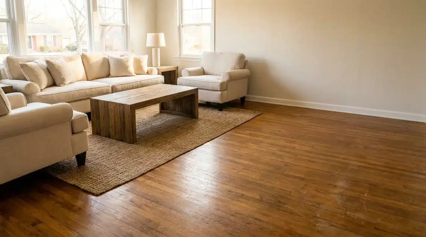 Neutral-toned living room with beige sofas, wooden coffee table, and large windows allowing natural light