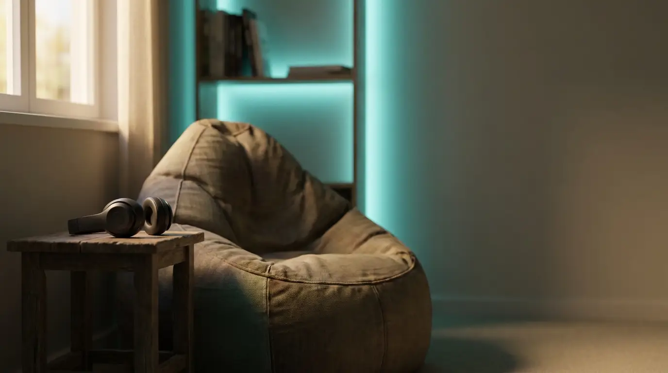 Cozy reading nook with bean bag chair, wooden side table, and teal-lit bookshelf