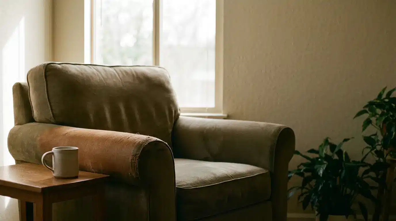 Cozy living room with worn armchair, small wooden table, ceramic mug, and potted plant in sunlight