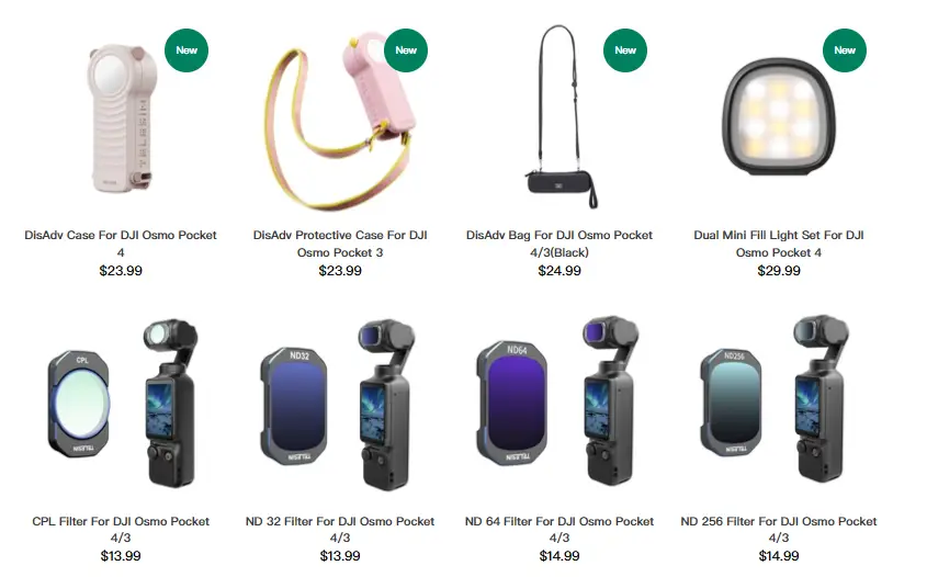Various DJI Osmo Pocket accessories displayed against white background, including cases, filters, and light set.