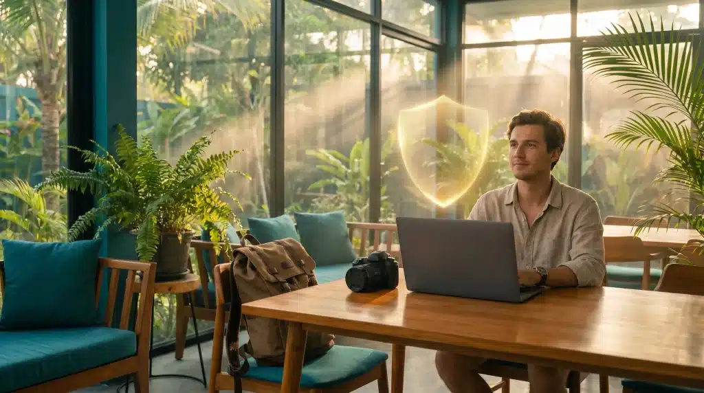 Man using laptop at wooden table in sunlit tropical cafe with ferns and camera nearby