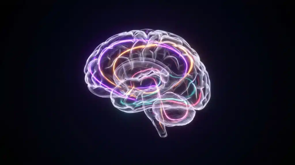 Neon-colored brain illustration with glowing lines on dark background showing neural connections
