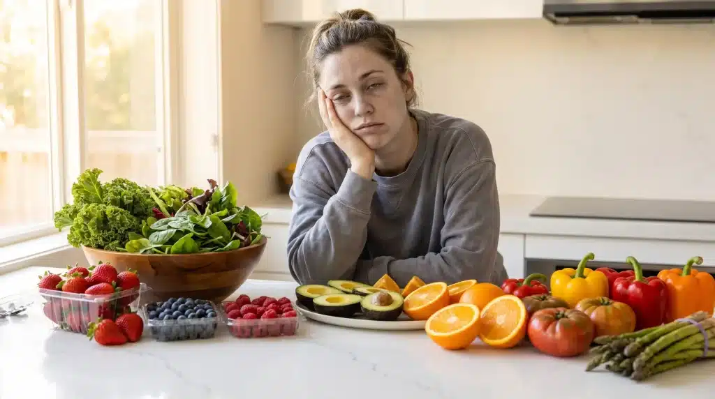 Person looking tired at kitchen counter with fresh produce including oranges, avocados, and greens