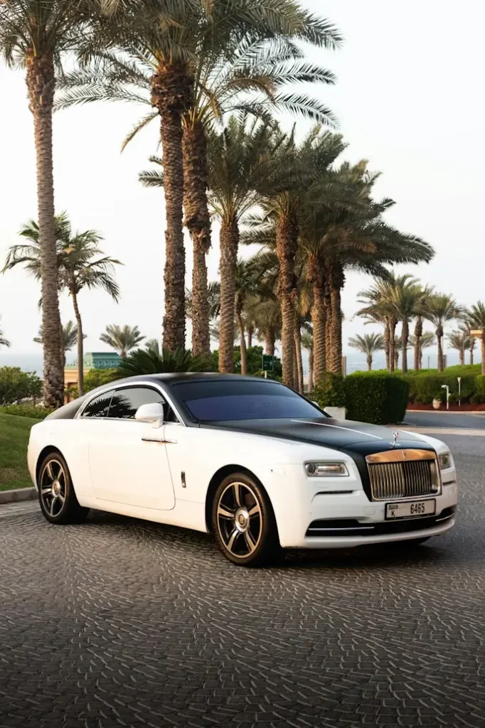 White and black luxury car parked on cobblestone street lined with palm trees