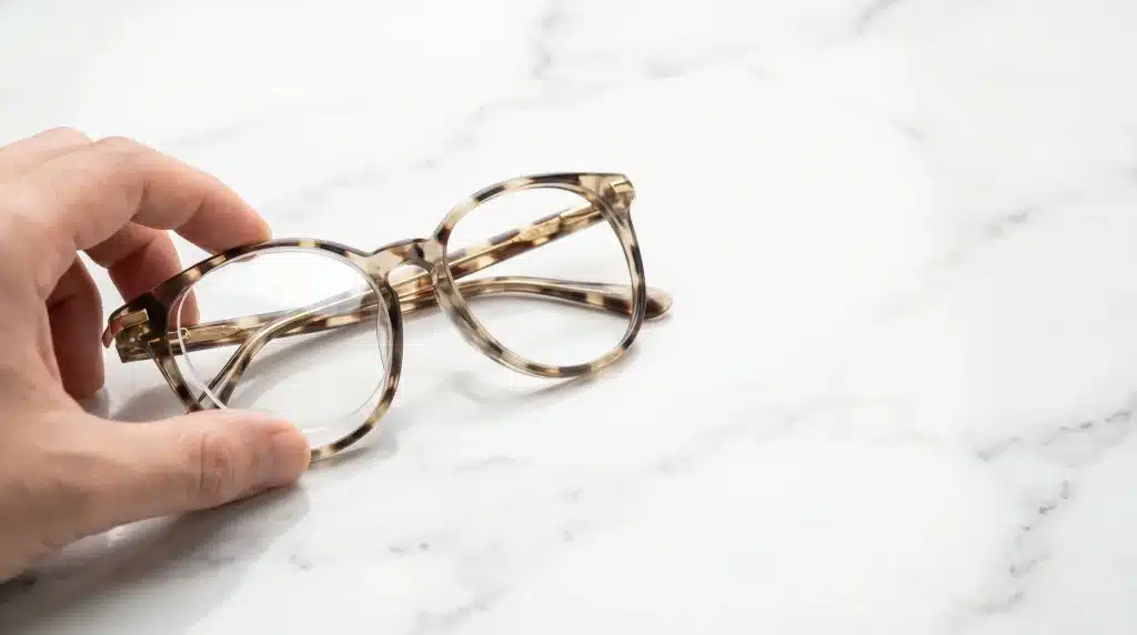 Tortoiseshell glasses held by hand on white marble surface