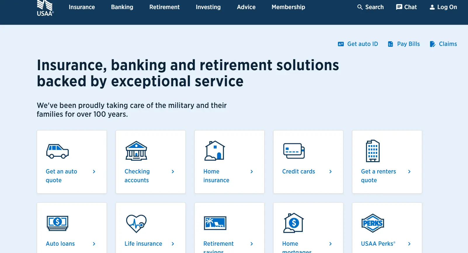 Website homepage with service categories including auto quote, checking accounts, home insurance, and more options in grid layout