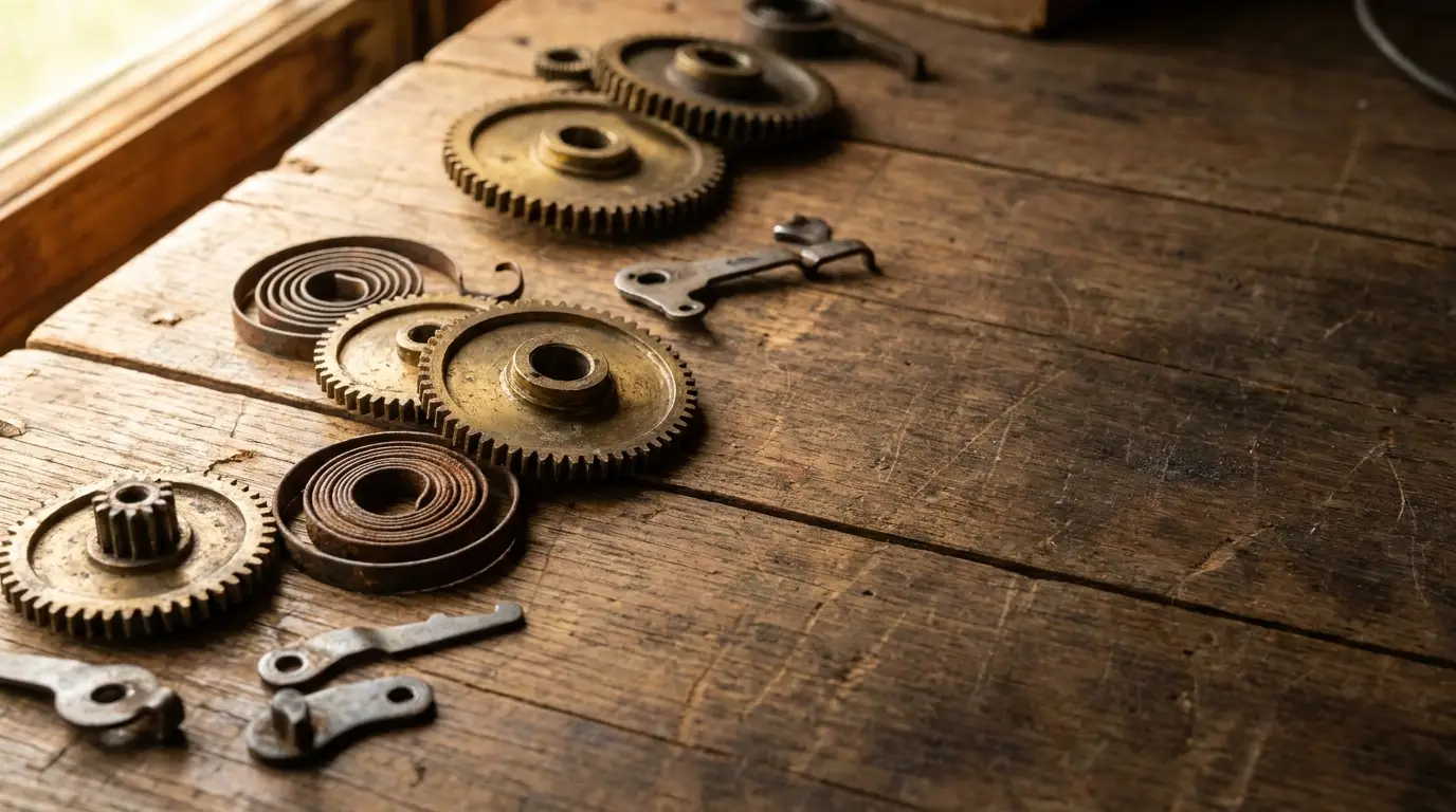 Vintage clock gears and springs on rustic wooden table in warm natural light