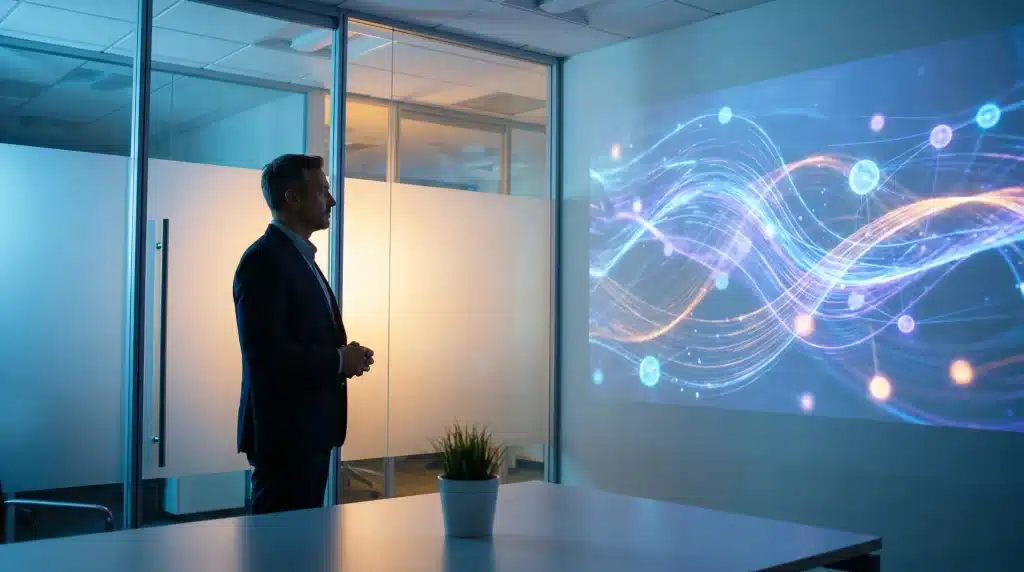 Man in suit observing colorful digital display in modern office conference room