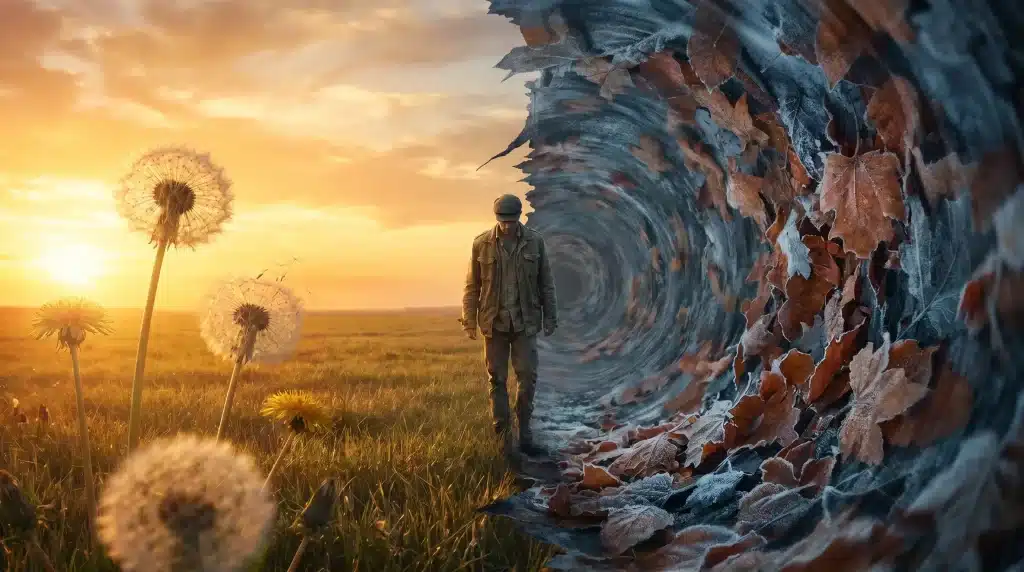Man facing swirling vortex of autumn leaves in grassy field at sunrise