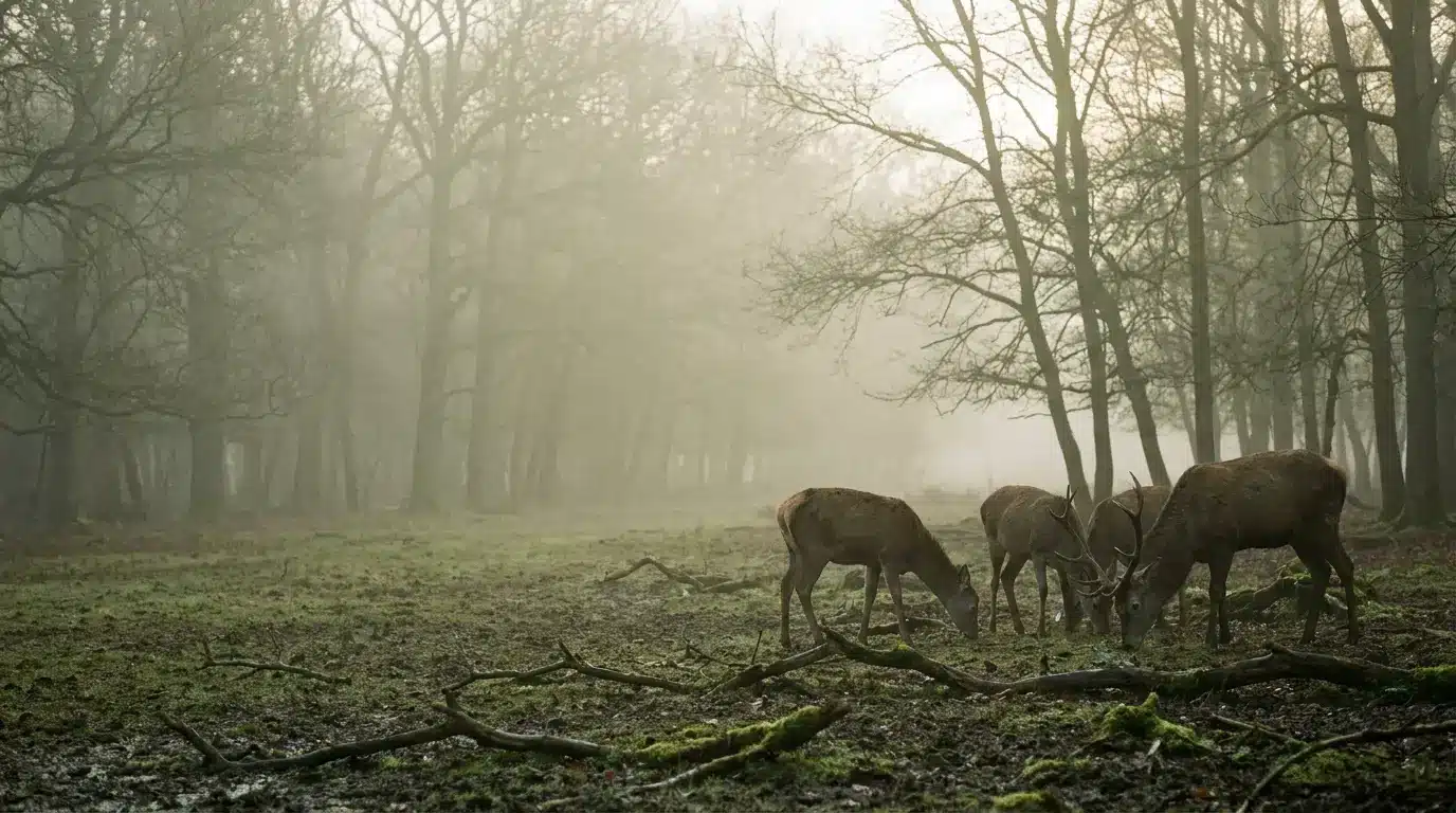 Deer grazing in misty forest with bare trees and fallen branches