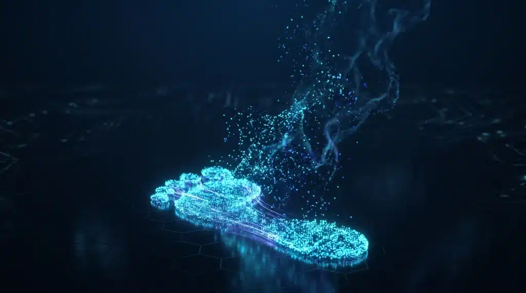 Glowing digital footprint dissolving into particles on dark hexagonal surface