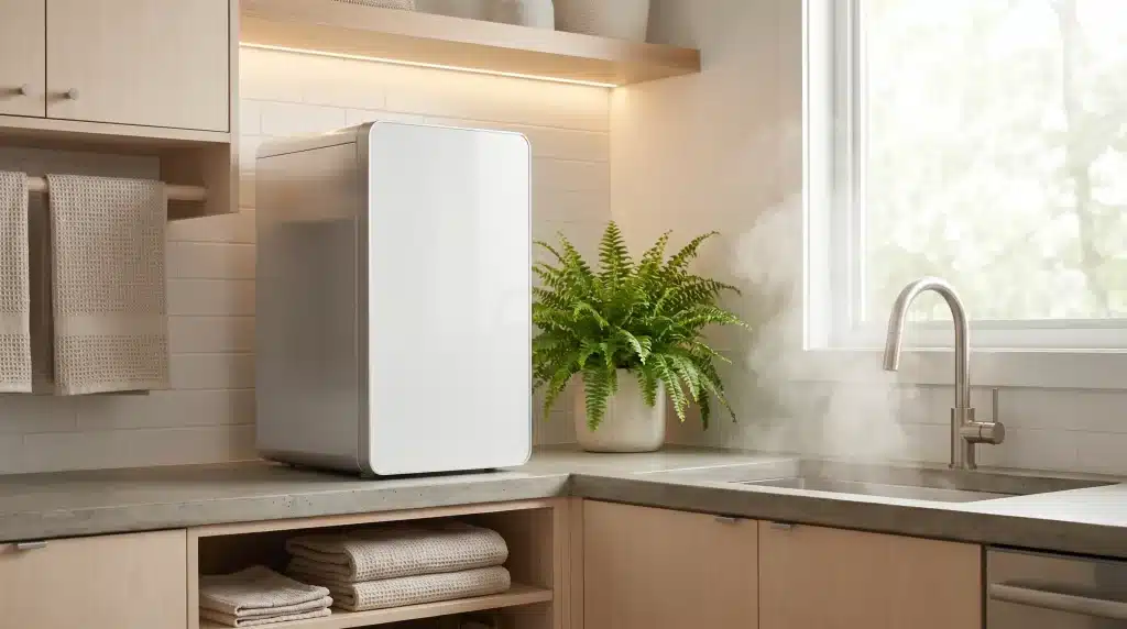 White countertop dishwasher next to a stainless steel sink with steam, undercabinet lighting, potted fern nearby
