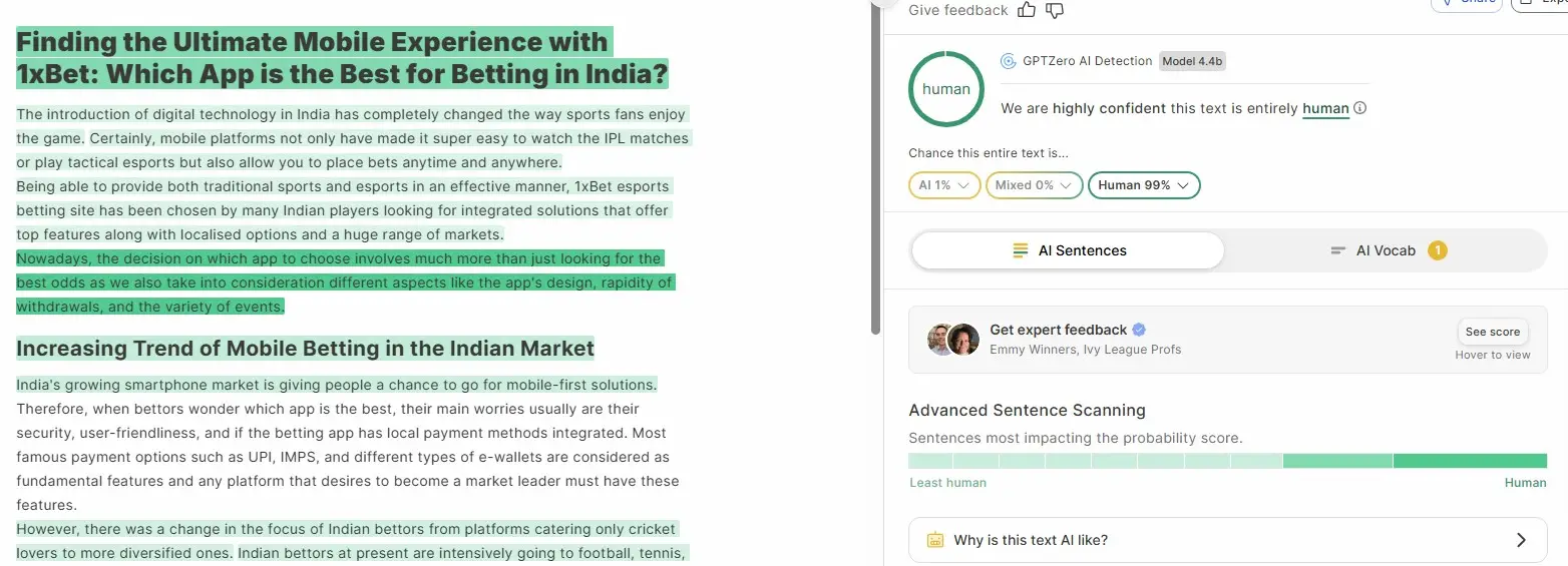 Screenshot of AI detection tool results showing text analysis and human likeness percentage