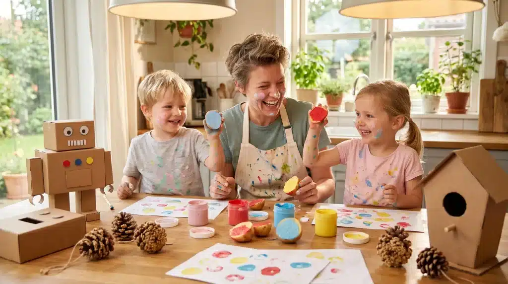 Family enjoying potato painting craft at wooden kitchen table with colorful paints and paper