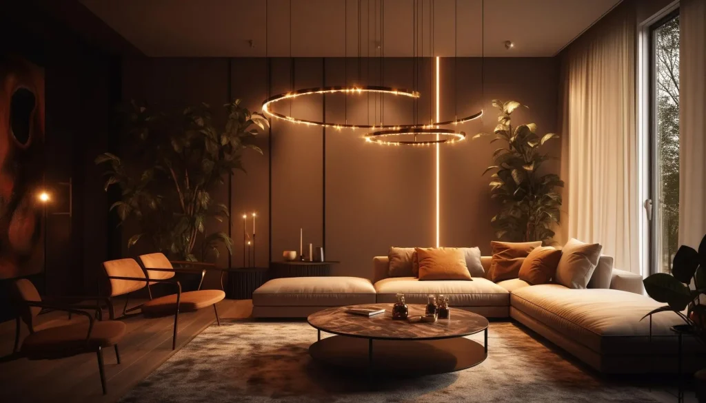 Luxurious living room with modern lighting, beige sofa, and indoor plants in warm tones