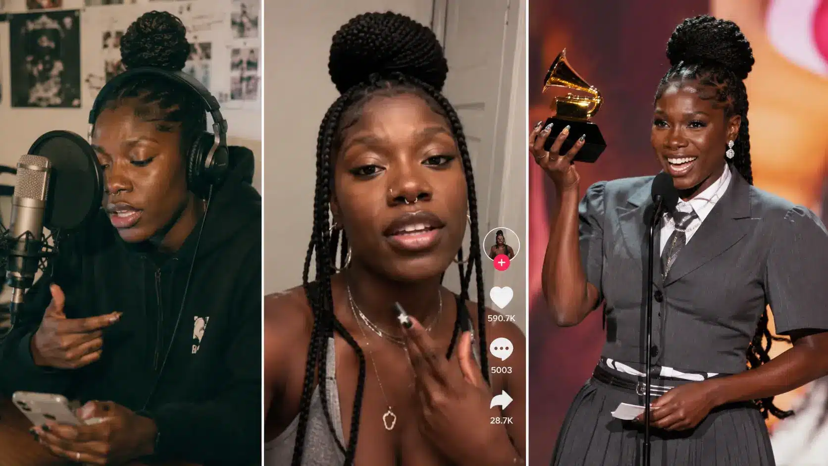 A collage of Doechii's journey, showing her recording early music, creating a TikTok video, and holding a Grammy award